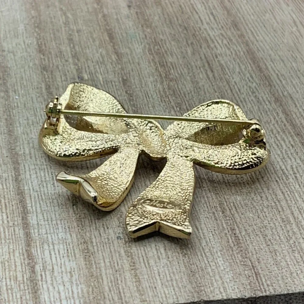 Napier Vintage Gold Silver Tone Ribbon Bow Brooch Pin